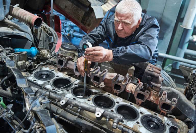 Experienced technician inspecting a diesel engine for failure causes.